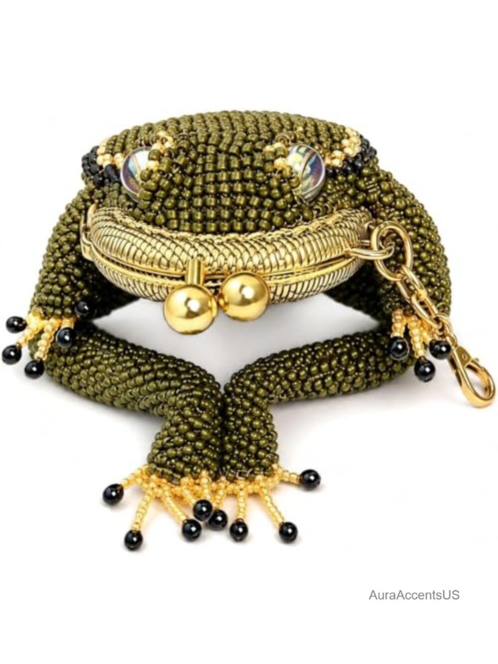 Handmade Beaded Frog Coin Purse with Kiss Lock Keychain Pouch, Cute Animal